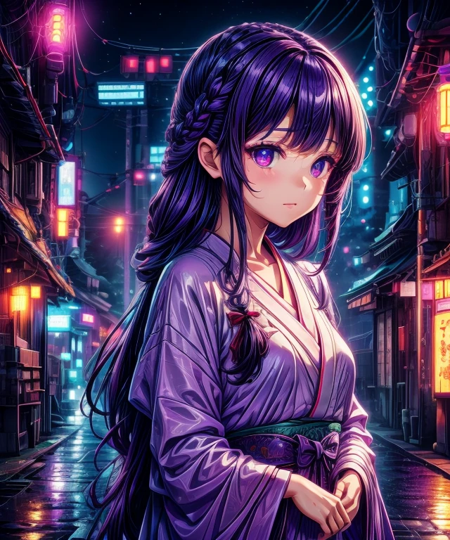 1girl, blunt bangs, braid, wide sleeves, hair ornament, japanese clothes, red obi, (purple hair:1.2), very long hair, straight hair, looking at viewer, highly detailed background, (photo realistic:1.2), detailed eyes,ultra long eyelashes, red eyeshadow, depth of field，thigh, (ulzzang-6500:0.7), upper body, (solo:1.2), (cyberpunk city:1.1), small cute ,  Shiny skin, 