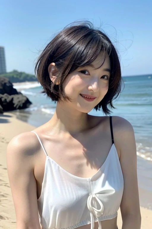 Short black hair Ikoma Rina White tank top slender smile Ocean