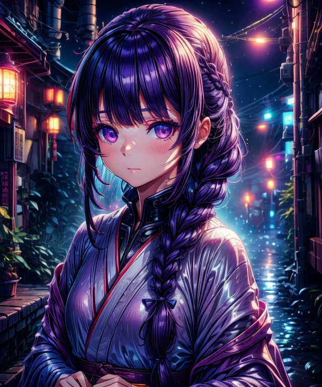 1girl, blunt bangs, braid, wide sleeves, hair ornament, japanese clothes, red obi, (purple hair:1.2), very long hair, straight hair, looking at viewer, highly detailed background, (photo realistic:1.2), detailed eyes,ultra long eyelashes, red eyeshadow, depth of field，thigh, (ulzzang-6500:0.7), upper body, (solo:1.2), (cyberpunk city:1.1), small cute ,  Shiny skin, 