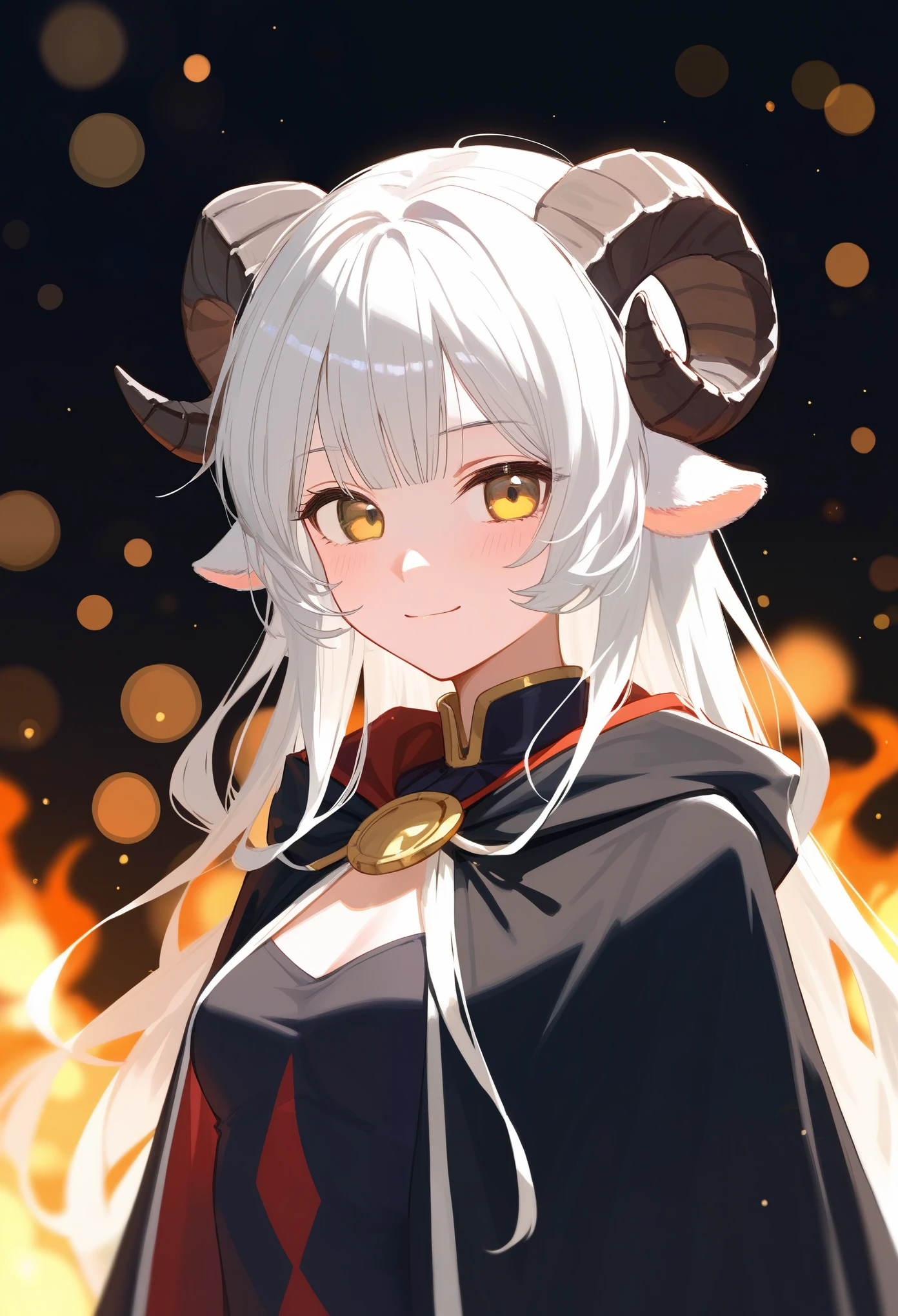 (score_9, score_8_up, score_7_up), (sheep horns, curled horns, black horns:1.2), (black sheep ears), white long hair, hime cut, long bangs, pale skin, yellow eyes, evil smile, smug, :>, small breasts, standing, (hooded cloak, cultist cloak, hood on, dark clothes), (black background, fire in background, bokeh, sharp focus), arms on sides, upper body, masterpiece