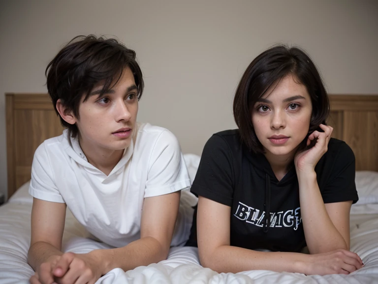 medium length black layered haired girl with fringe wearing plain black hoodie and short haired brunette male wearing plain white shirt lying in bed