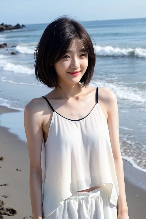 Short black hair　Ikoma Rina　White tank top　slender　smile　Ocean
