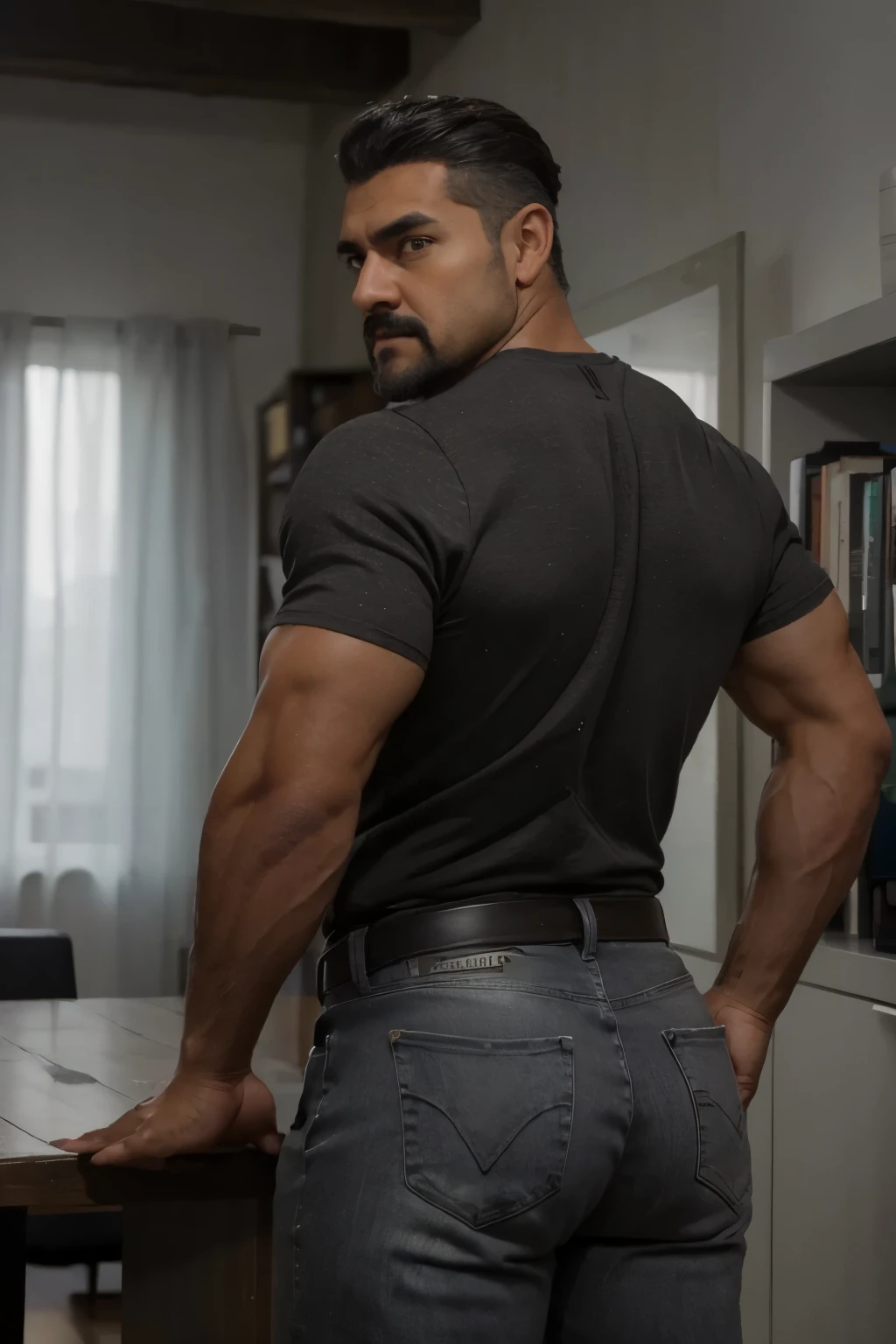 Obra maestra, mejor calidad, ultra detallado, 1 hombre de espaldas, macho maduro, muscular, pedazo, bara, deportista, carne de res, negro skin, negro, piel bronceada, latino, 36 years old, negro hair, gray fur, barbas de chivo, cabello demasiado cortado, mirando al espectador, serious expression, camiseta gris, Tiro de medio cuerpo, science fiction background, jeans backside bent over backside 