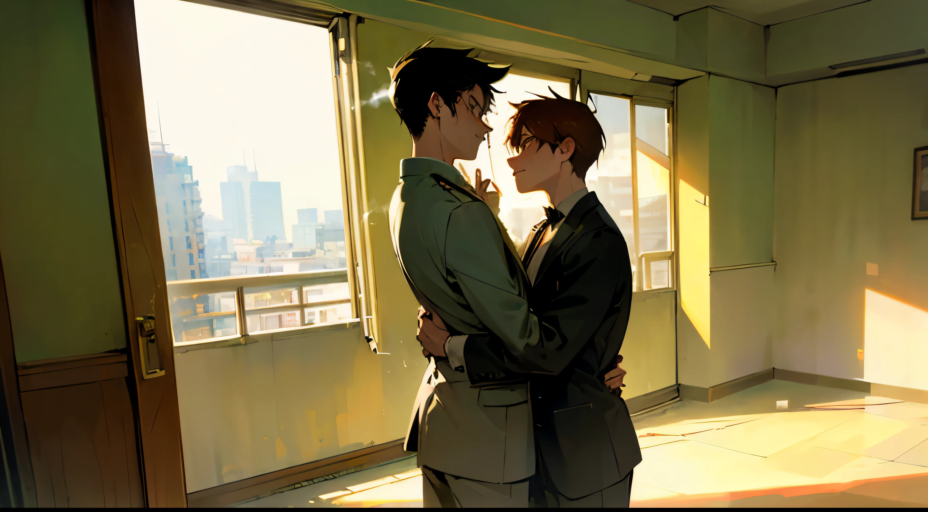 (best quality,ultra-detailed,realistic:1.37), with wide angle lens, The persons is standing by the window,, with horizontal screen, widen in front, The room was bare, with no furniture or luggage, and the balcony had a balcony with silhouettes of buildings in the Shinjuku subcenter in the distance, and the afternoon sun was shining in through the windows. Two young men are smoking cigarettes and one is hugging the other from behind , humor,comic style,bold lines, modern gay romance, comic style,bold lines,playful colors,vibrant colors, soft lighting, depth of emotions, tender gazes, longing for connection, raw and honest, LGBTQ+ representation, urban setting, authentic expressions, compelling storytelling, dramatic composition,