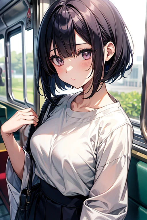 Enchanting anime girl, Beautiful and attractive anime woman, Top rated on pixiv、beautiful girl、Japanese、Short Bob、Smaller breasts、I am on a train、No sleeve、Adult sister、summer、summerの服