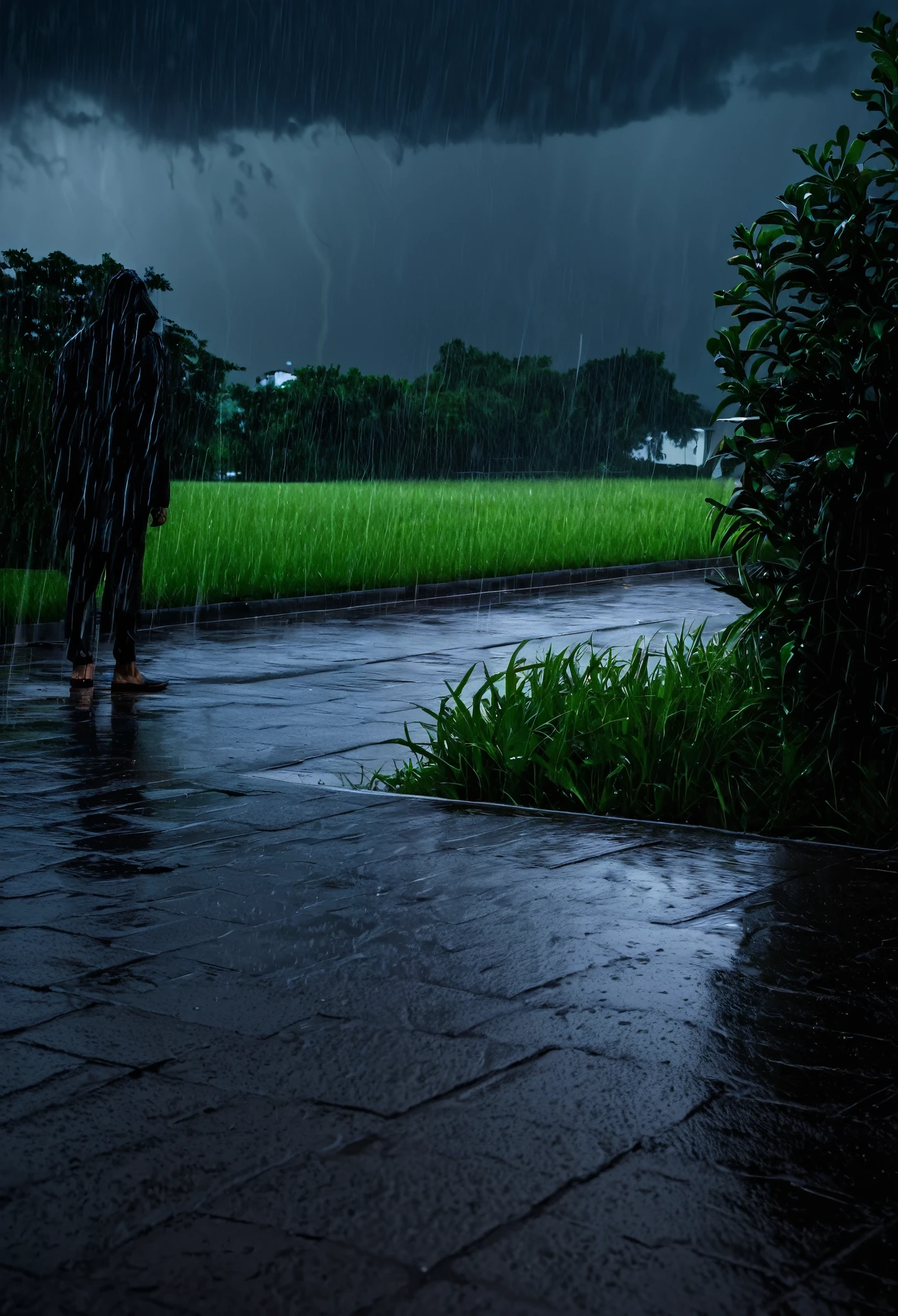 A lonely man who was sleeping suddenly wokeup because of heavy thunderstorms raining and started to fear 