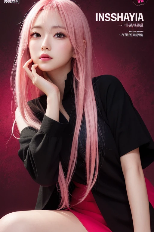 Haruno Sakura, introspective pose, looking away from view, long pink hair, black and red background, book cover, anime style, masashi kishimoto artstyle