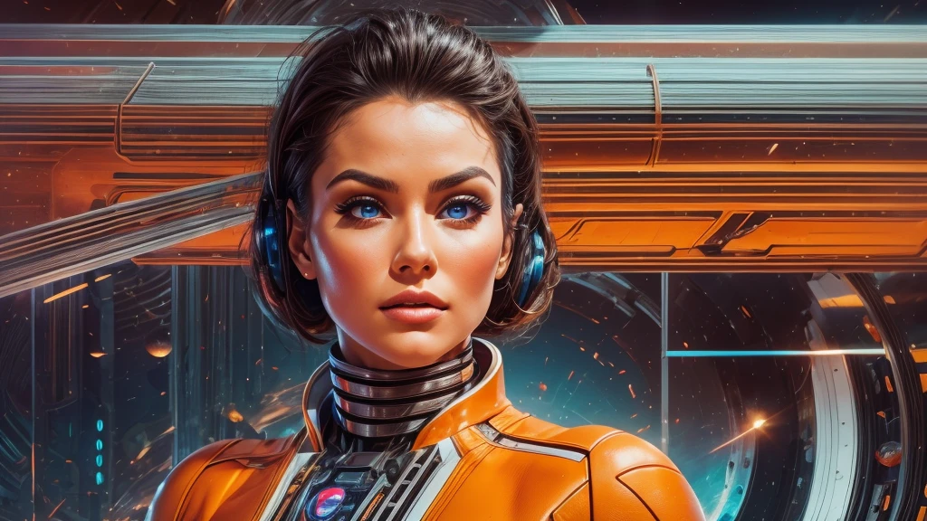 arafed image of a white woman in a futuristic suit with a spaceship in the background, movie art, in front of an orange background, inspired by Robert McGinnis, female protagonist, megastructure in the background, portrait of an ai astronaut, astronauts, an astronaut, portrait of a astronaut skeletor, perfect android girl, detailed eyes, perfectly detailed teeth, frank franzzeta and sakimichan  