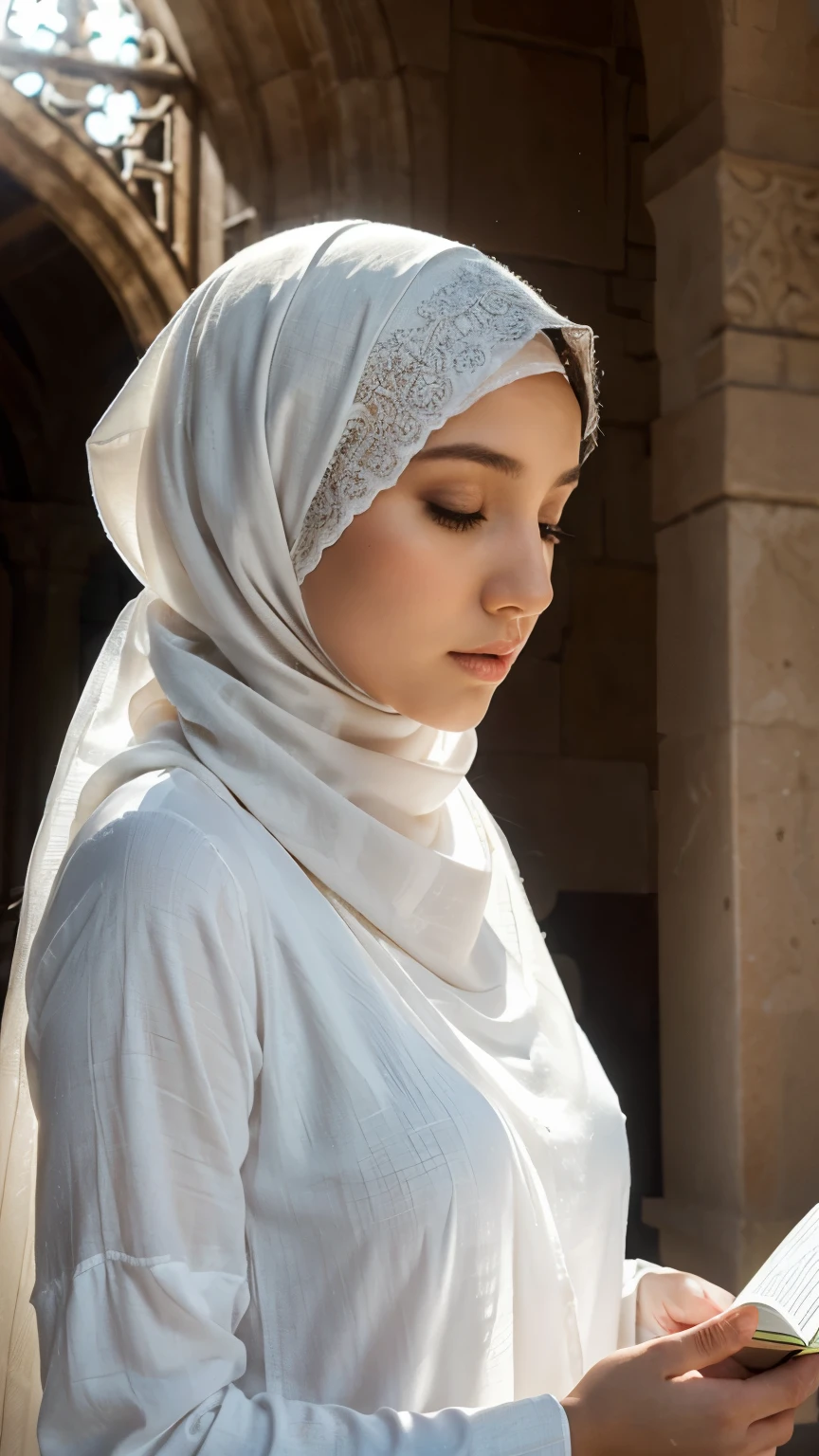 A veiled hijab woman,book in hand,modestly dressed in white,detailed,low angle,divine light,portrait,photography,vivid colors,soft lighting,peaceful ambiance,mystical atmosphere,inner serenity,HD,details