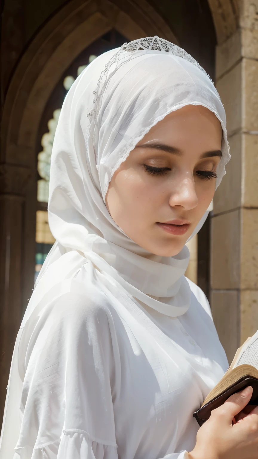 A veiled hijab woman,book in hand,modestly dressed in white,detailed,low angle,divine light,portrait,photography,vivid colors,soft lighting,peaceful ambiance,mystical atmosphere,inner serenity,HD,details