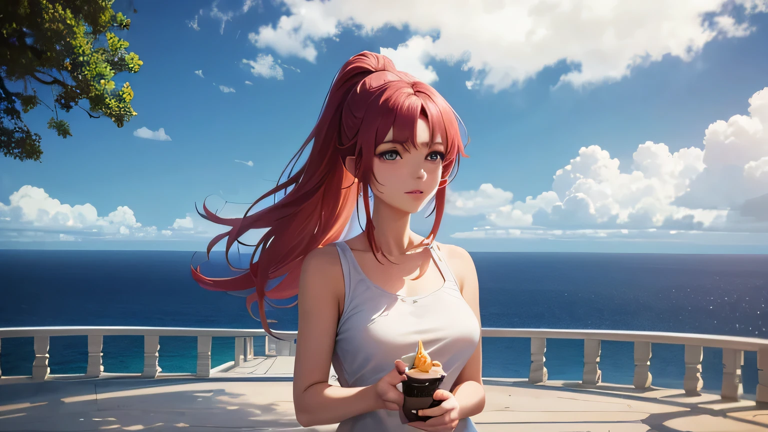 (8k, RAW foto, mejor calidad, (Obra maestra, super high quality, super detailed), Mappa anime style paisaje, chica joven, Absoluto, velas escarlatas, girl looking at the sea from the coast, camera looking at the sea, detalles intrincados, sailing ship with velas escarlatas, Una escena de una novela de Alexander Greene. "velas escarlatas" imagen de medio cuerpo, A beautiful women posing for a photograph in an alley, brown ponytail, golpes, risa feliz, blue eyes, Cuerpo magro musculoso, perfect anatomy, Looking to the camera, Time of the day, cielo azul, estilo animado, al aire libre, tendencia en artstation, Oh!, sakimichan muy sensual, con ropa original cuerpo entero, muy realista, extremadamente realista, extremadamente sexy, 8k, 8k extremadamente detallado), (un extremadamente delicado y hermoso), (obra maestra), (mejor calidad: 1.0), (ultra high resolution:1.0)