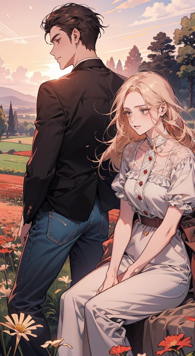 A man and a woman are sitting in a meadow of red flowers, sunset, Irish Man, Campo florescente, Dandelion floating in the wind, estilo romance, garoto e mulher, flores vermelhas, garoto de jaqueta de couro e causa jeans, Flying dandelion