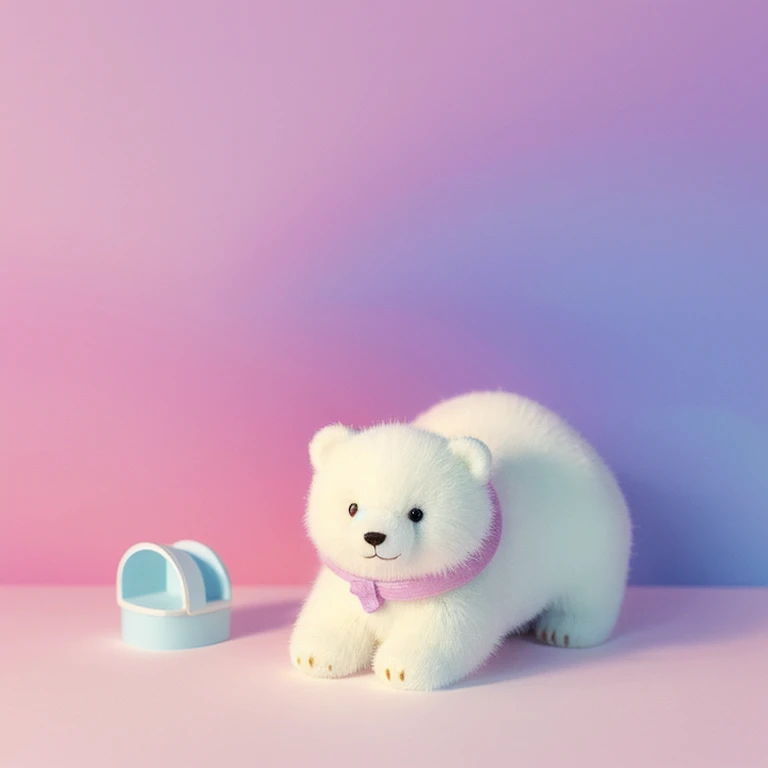 A charming minimalist illustration of a pastel-colored polar bear, exuding a kawaii or Japanese cuteness vibe. The bear has a white coat with a soft gradient of pink to purple, reminiscent of the Arctic sky. Its large eyes are filled with innocence, and its small, playful smile reveals its friendly demeanor. The creature is sitting on a simple background, allowing the focus to remain on its adorable features. This delightful piece would make an ideal decorative addition to any space.