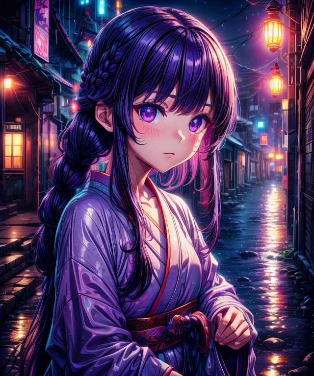 1girl, blunt bangs, braid, wide sleeves, hair ornament, japanese clothes, red obi, (purple hair:1.2), very long hair, straight hair, looking at viewer, highly detailed background, (photo realistic:1.2), detailed eyes,ultra long eyelashes, red eyeshadow, depth of field，thigh, (ulzzang-6500:0.7), upper body, (solo:1.2), (cyberpunk city:1.1), small cute ,  Shiny skin, 