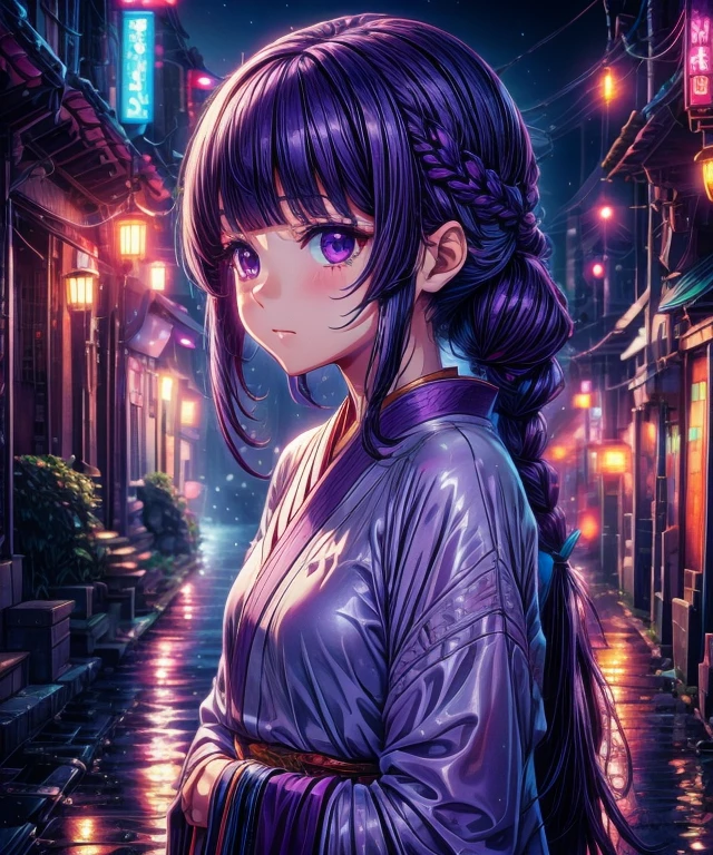 1girl, blunt bangs, braid, wide sleeves, hair ornament, japanese clothes, red obi, (purple hair:1.2), very long hair, straight hair, looking at viewer, highly detailed background, (photo realistic:1.2), detailed eyes,ultra long eyelashes, red eyeshadow, depth of field，thigh, (ulzzang-6500:0.7), upper body, (solo:1.2), (cyberpunk city:1.1), small cute ,  Shiny skin, 