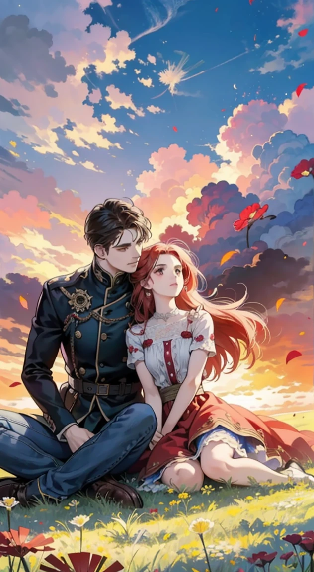 A man and a woman are sitting in a meadow of red flowers, sunset, Irish Man, Campo florescente, Dandelion floating in the wind, estilo romance, garoto e mulher, flores vermelhas, garoto de jaqueta de couro e causa jeans, Flying dandelion