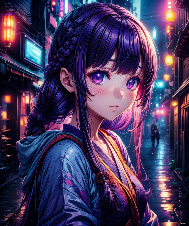 1girl, blunt bangs, braid, wide sleeves, hair ornament, japanese clothes, red obi, (purple hair:1.2), very long hair, straight hair, looking at viewer, highly detailed background, (photo realistic:1.2), detailed eyes,ultra long eyelashes, red eyeshadow, depth of field，thigh, (ulzzang-6500:0.7), upper body, (solo:1.2), (cyberpunk city:1.1), small cute ,  Shiny skin, 