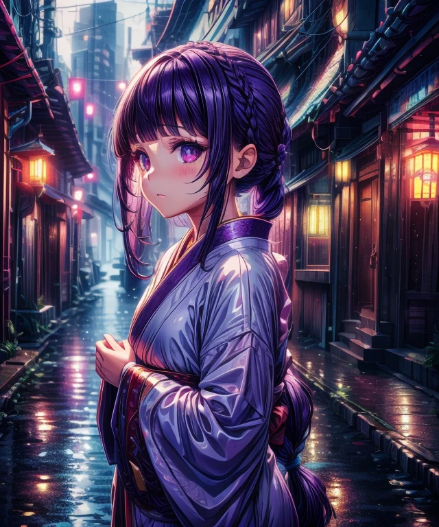 1girl, blunt bangs, braid, wide sleeves, hair ornament, japanese clothes, red obi, (purple hair:1.2), very long hair, straight hair, looking at viewer, highly detailed background, (photo realistic:1.2), detailed eyes,ultra long eyelashes, red eyeshadow, depth of field，thigh, (ulzzang-6500:0.7), upper body, (solo:1.2), (cyberpunk city:1.1), small cute ,  Shiny skin, 