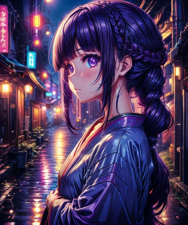 1girl, blunt bangs, braid, wide sleeves, hair ornament, japanese clothes, red obi, (purple hair:1.2), very long hair, straight hair, looking at viewer, highly detailed background, (photo realistic:1.2), detailed eyes,ultra long eyelashes, red eyeshadow, depth of field，thigh, (ulzzang-6500:0.7), upper body, (solo:1.2), (cyberpunk city:1.1), small cute ,  Shiny skin, 