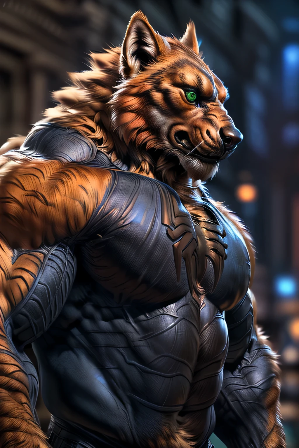 4k, high resolution, best quality, perfect colors, perfect shadows, perfect lighting, ((full bodyportrait)), posted on e621,image of an Spiderman werewolf (solo, anthro werewolf, male, adult, (heavily muscular, manly, brutal, masculine:1.4), masculine, without mask, real fur head, (muscular, dense build:1.4, muscular shoulders, strong pecs), wearing a spiderman costume, spiderman unibody, spiderman shirt, no mask, head without mask, werewolf head, orange fur, werewolf head (monotone orange fur:1.3), black beard, green eyes, realistic eyes, city background, hybrid, perfect composition, (by Taran Fiddler, by Chunie, by Rukis, Bonifasko lighting), claws on hands, (photorealistic fur, detailed fur, epic, masterpiece:1.2), sexy shadows, (by echin, by Taran Fiddler, by takemoto arashi, by Traver009, by Juiceps), (detailed eyes:1.2), impressive physique, serious face, imponent face