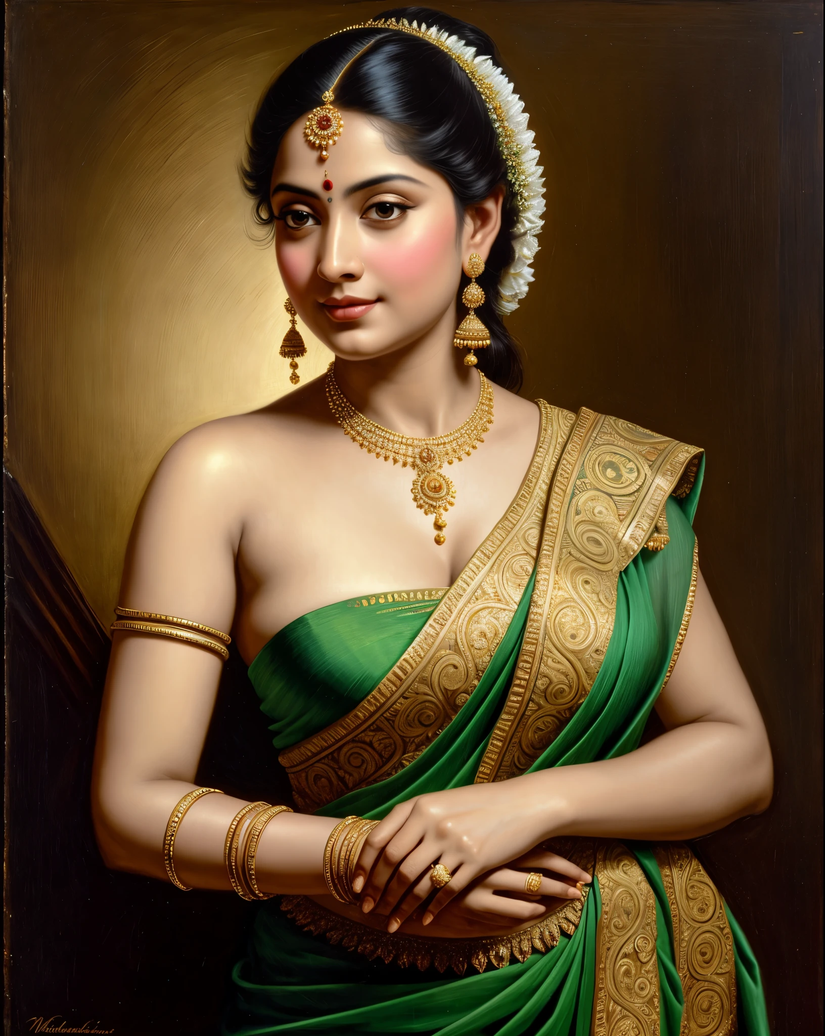 Beautiful Indian Woman, wearing saree, sari Beauty, gorgeous, Apsara, Maharani, royal queen woman, nymph from Hindu Mythology, Urvashi, matchless beauty, Highly detailed, Oil Painting by Peter Paul Rubens inspired by Raja Ravi Varma, Matchless beauty, captivating, gorgeous, heavenly beauty, celestial beauty, by Peter Paul Rubens, 13, realistic, hyper realistic, micro details, incredible artwork, insane details, ultra High resolution, 8k, 32k, acrylic on canvas, intricate, flawless, detailed, detailed face, detailed eyes, masterpiece, by Peter Paul Rubens, by Caravaggio, by William Adolphe bouguereau, perfect face, perfect body, beautiful art, realism, baroque, renaissance Art, highly textured, beautiful and detailed eyes, uhd, best quality,