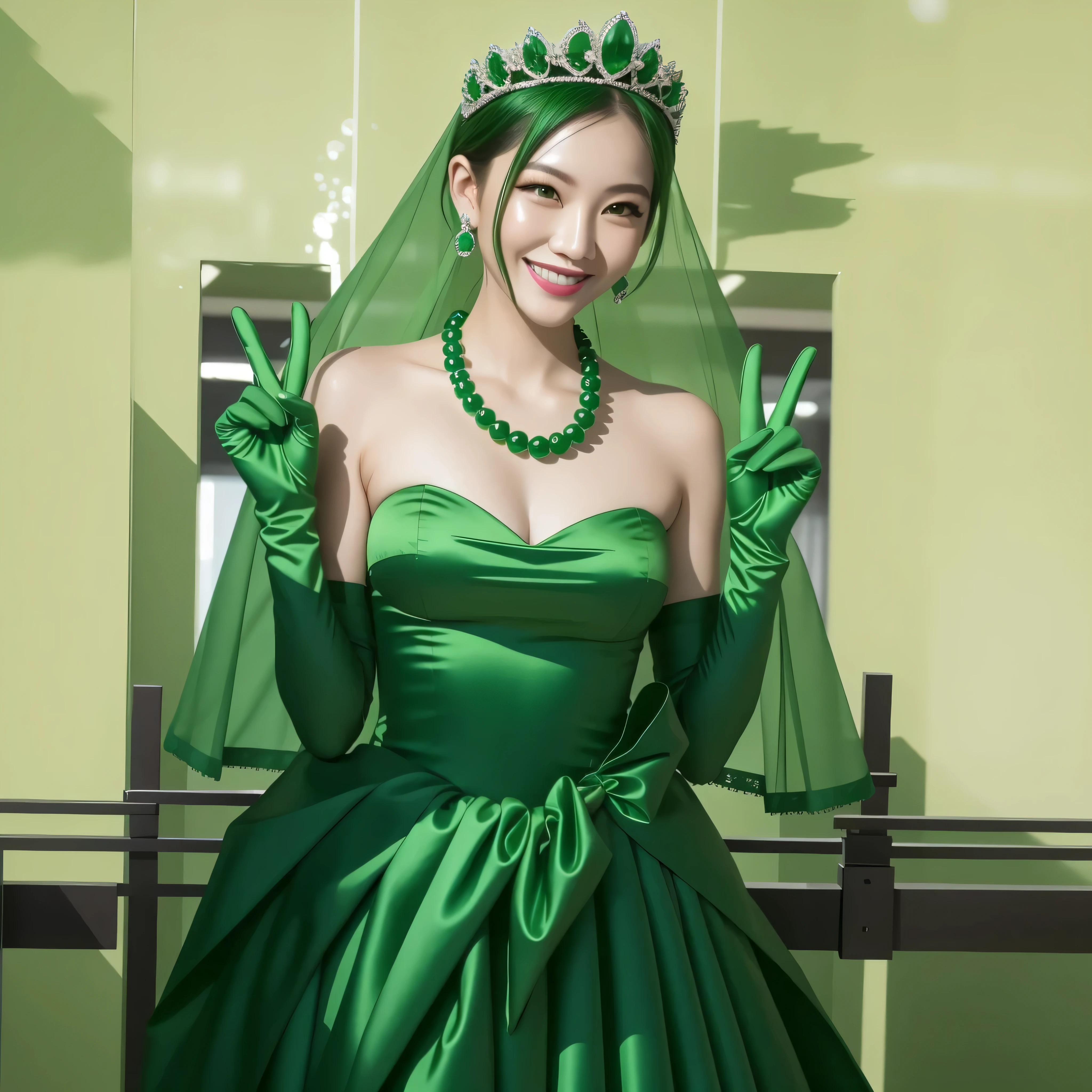 Emerald tiara, Green Pearl Necklace, Boyish Very Short Green Hair, Green Lips, Smiling Japanese woman, Very short hair, Busty beautiful lady, Green Eyes, Green satin long gloves, Green Eyes, emerald earrings, Green veil, Heart with both hands, Green Hair, Beautiful Japanese Women, v sign, green lip gloss