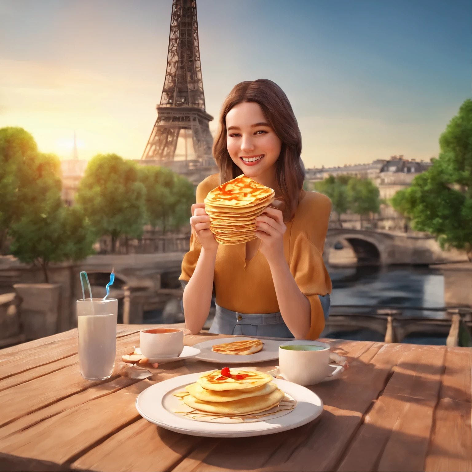 A girl eating a well-filled French crepe. Em frente a torre Eiffel imagem bem realista.