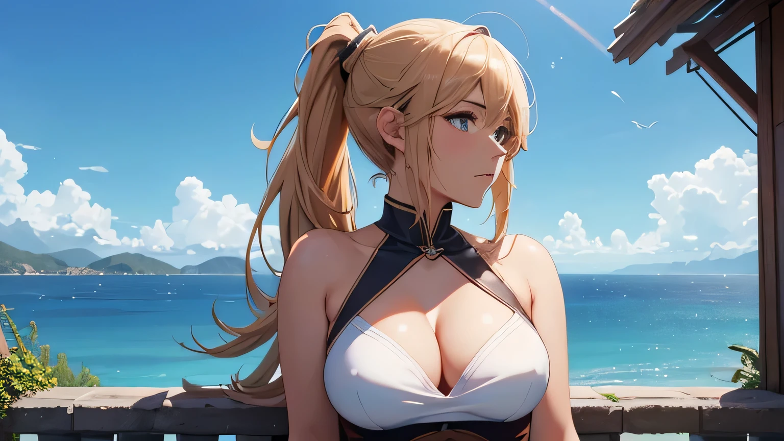 (8k, RAW foto, mejor calidad, (Obra maestra, super high quality, super detailed), Mappa anime style paisaje, chica joven, Absoluto, velas escarlatas, girl looking at the sea from the coast, camera looking at the sea, detalles intrincados, sailing ship with velas escarlatas, Una escena de una novela de Alexander Greene. "velas escarlatas" imagen de medio cuerpo, A beautiful women posing for a photograph in an alley, brown ponytail, golpes, risa feliz, blue eyes, Cuerpo magro musculoso, perfect anatomy, Looking to the camera, Time of the day, cielo azul, estilo animado, al aire libre, tendencia en artstation, Oh!, sakimichan muy sensual, con ropa original cuerpo entero, muy realista, extremadamente realista, extremadamente sexy, 8k, 8k extremadamente detallado), (un extremadamente delicado y hermoso), (obra maestra), (mejor calidad: 1.0), (ultra high resolution:1.0)