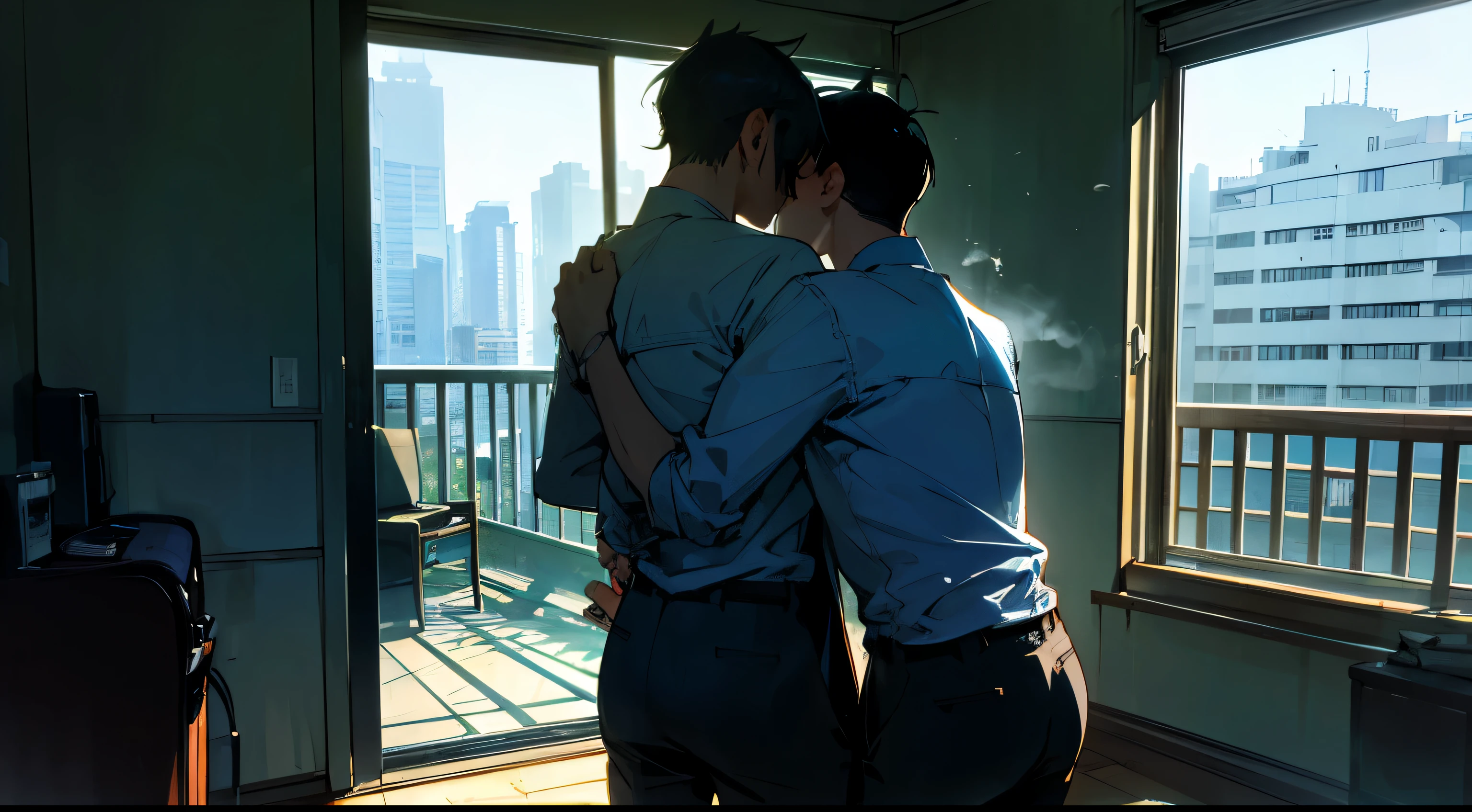 (best quality,ultra-detailed,realistic:1.37), with wide angle lens, The persons is standing by the window,, with horizontal screen, widen in front, The room was bare, with no furniture or luggage, and the balcony had a balcony with silhouettes of buildings in the Shinjuku subcenter in the distance, and the afternoon sun was shining in through the windows. Two young men are smoking cigarettes and one is hugging the other from behind , humor,comic style,bold lines, modern gay romance, comic style,bold lines,playful colors,vibrant colors, soft lighting, depth of emotions, tender gazes, longing for connection, raw and honest, LGBTQ+ representation, urban setting, authentic expressions, compelling storytelling, dramatic composition,