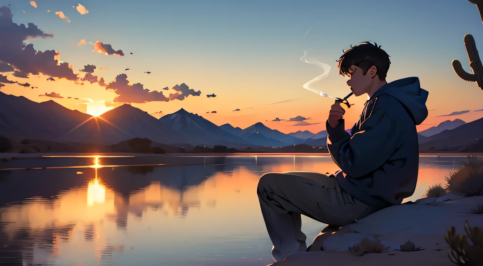 a man with a dark blue hoodie lighting up a cigarette. nevada, desert, sunset, lake.