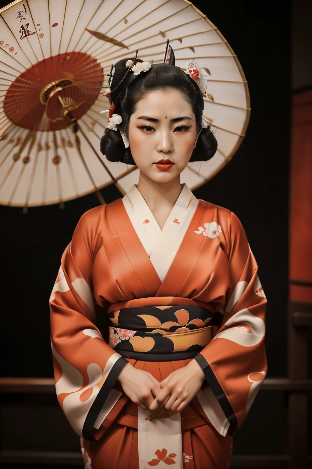 Japan, 1935. A young ((((31-year-old)) Hatsumono)), beautiful, cunning, voluptuous figure, full lips, sultry demeanor, (((furious expression, frowning))), ((((geisha clothings from the 1930s)))), ((geisha wavy hairstyle of the 1930s)), color