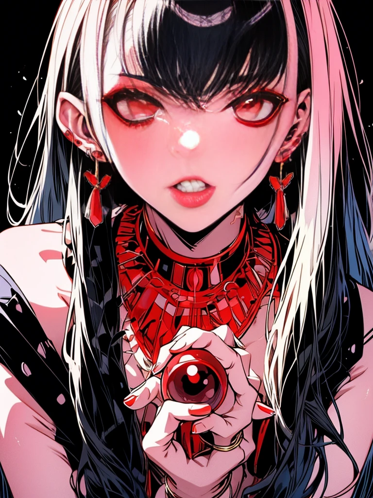 long hair, looking at viewer, bangs, multiple girls, two girls, hair between eyes, jewelry, collarbone, earrings, eyelashes, makeup, spot color, red lips