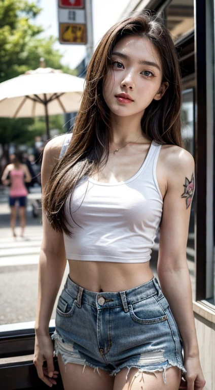 8k, Masterpiece, best quality, realistic, very detailed, 1 woman, healthy body, realistic skin texture, big breasts, staring at the audience, Crop shirt, Short t-shirt, tank top, underboobs, (Torn shirt), under , micro mini skirt, Sexy Pants, His shorts were torn, revealing skin., (Wear torn clothes.),(Torn clothing),movie light, Face focus, good eyes, detailed face, The face was bright..., during the day, Outdoor coffee shop in the background, Low angle shot, View from below,Beautiful tattoos,small belly cake