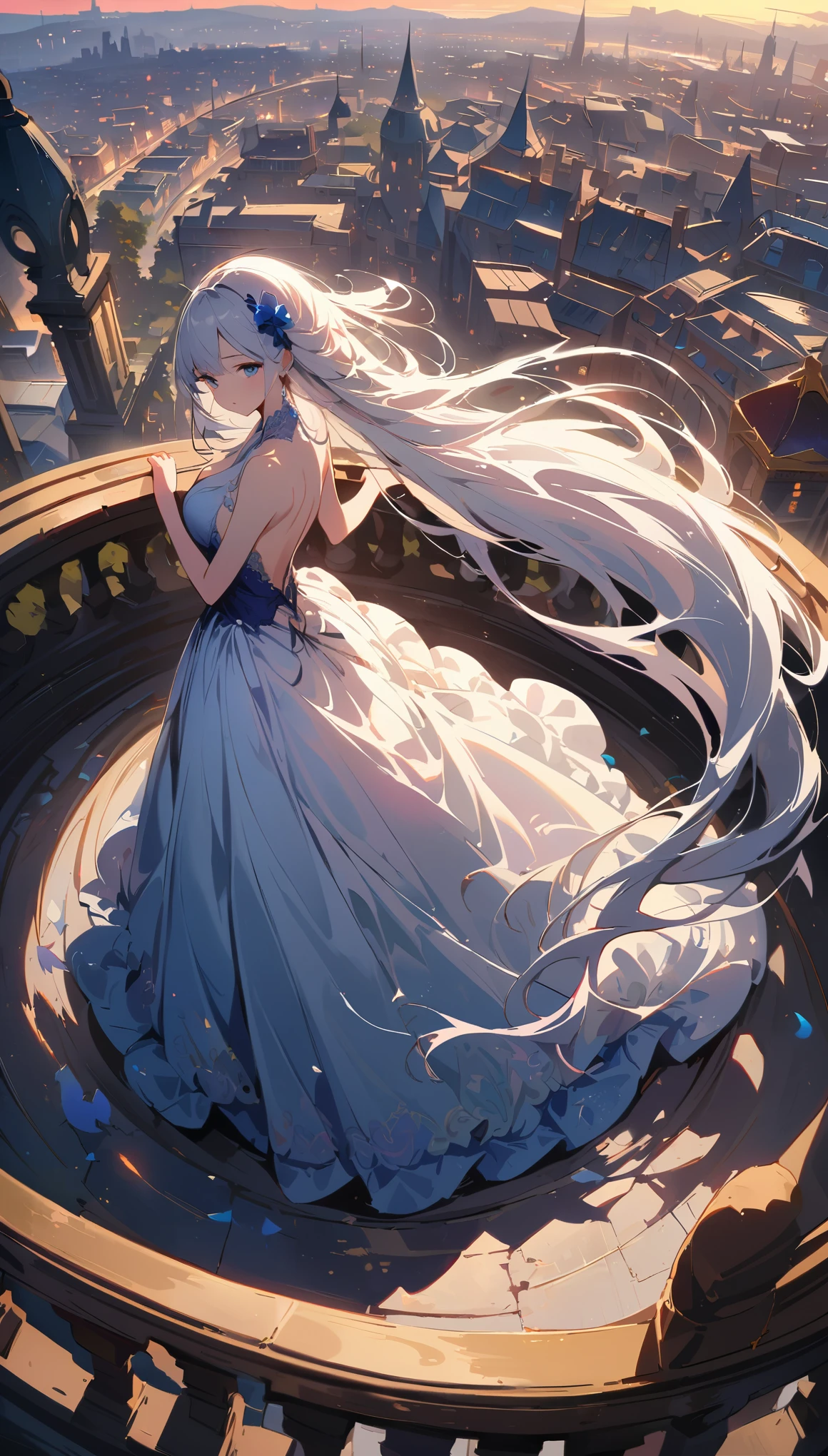 (CG 8k wallpapers are extremely detailed, masterpiece, best quality, Super detailed), (Better lighting, Better shadows, Extremely refined), floating, High Saturation, Looking down from above, 1 Girl, white hair, blue eyes, Very long hair, Hair accessories, Standing on the Rooftop, Gorgeous evening dress, Delicate shoes, Hair swaying gently in the wind, Amazing city view in the background, romantic atmosphere.