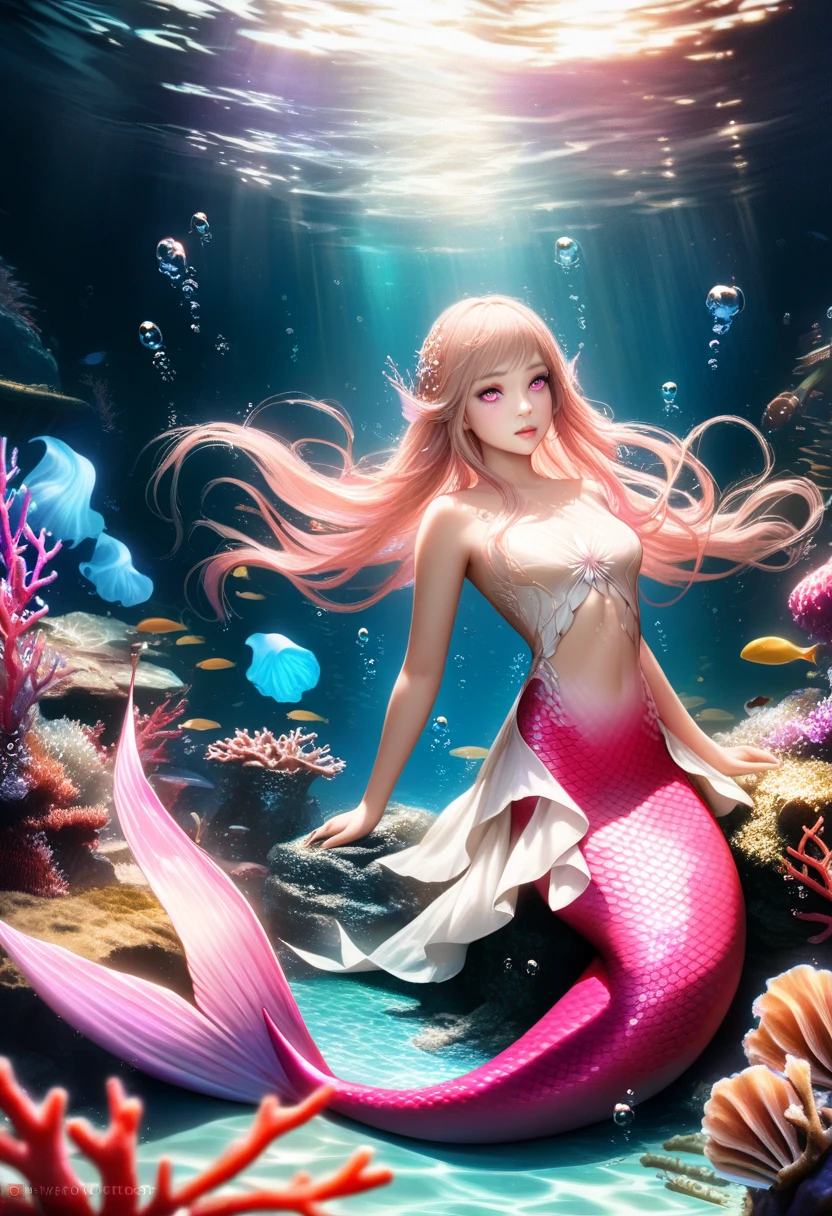 best quality,4k,8k,highres,masterpiece:1.2,ultra-detailed,realistic:1.37,human,beautiful detailed eyes,beautiful detailed lips,extremely detailed eyes and face,long eyelashes,1 girl,mermaid,long hair,shells top,yellow tail,monster-girl,pink eyes,underwater fantasy setting,sparkling water,seaweed,coral reefs,colorful marine life,soft sunlight streaming through the water,floating bubbles,glowing jellyfish,luminous underwater plants,strands of hair floating gracefully,serene expression,calm and peaceful atmosphere,ethereal beauty,gentle waves rocking the mermaid,scale texture on the tail,accentuated curves and feminine silhouette,captivating and alluring pose,subtle shimmer on the mermaid's skin,vivid colors,bokeh