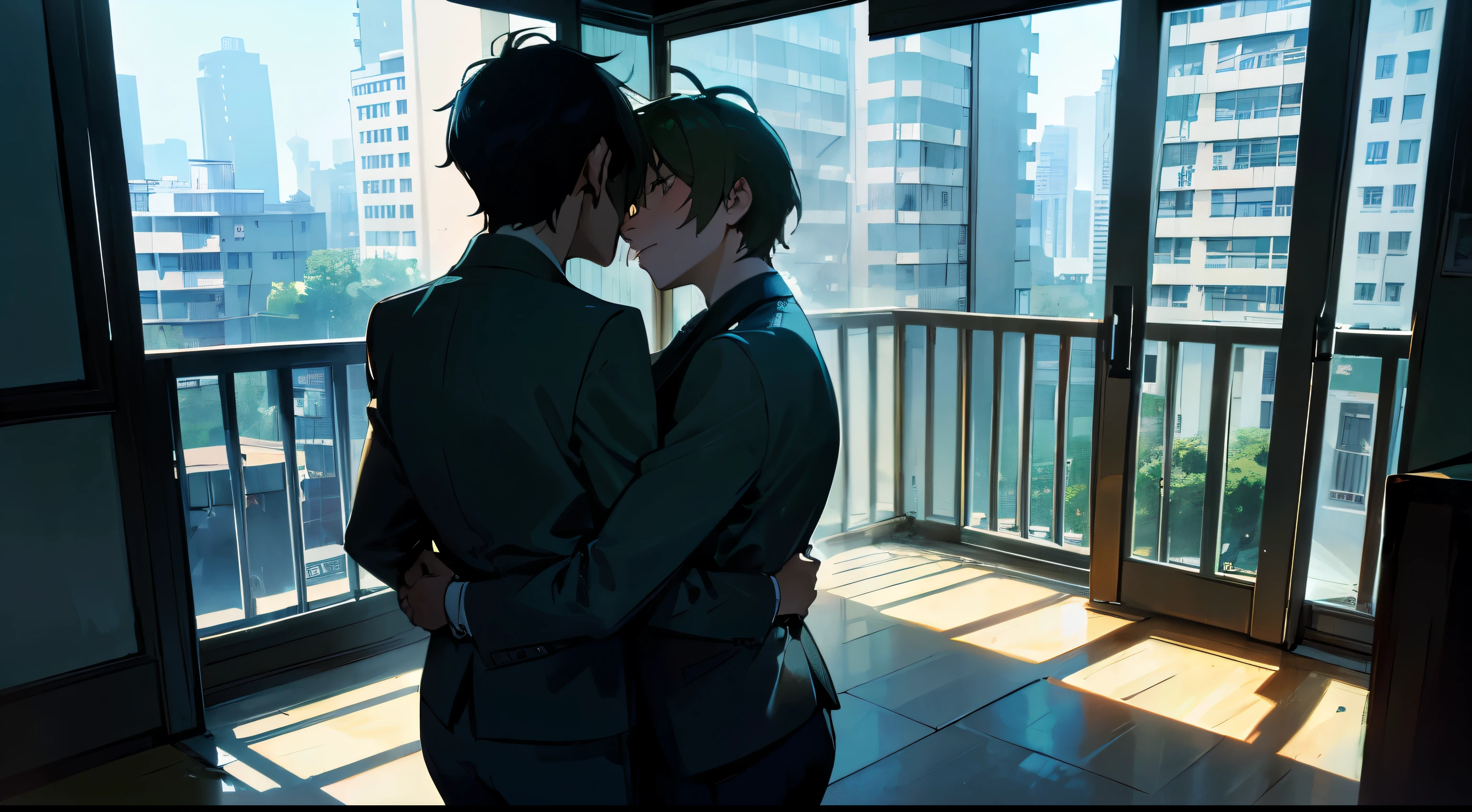 (best quality,ultra-detailed,realistic:1.37), with wide angle lens, The persons is standing by the window,, with horizontal screen, widen in front, The room was bare, with no furniture or luggage, and the balcony had a balcony with silhouettes of buildings in the Shinjuku subcenter in the distance, and the afternoon sun was shining in through the windows. Two young men are smoking cigarettes and one is hugging the other from behind , humor,comic style,bold lines, modern gay romance, comic style,bold lines,playful colors,vibrant colors, soft lighting, depth of emotions, tender gazes, longing for connection, raw and honest, LGBTQ+ representation, urban setting, authentic expressions, compelling storytelling, dramatic composition,