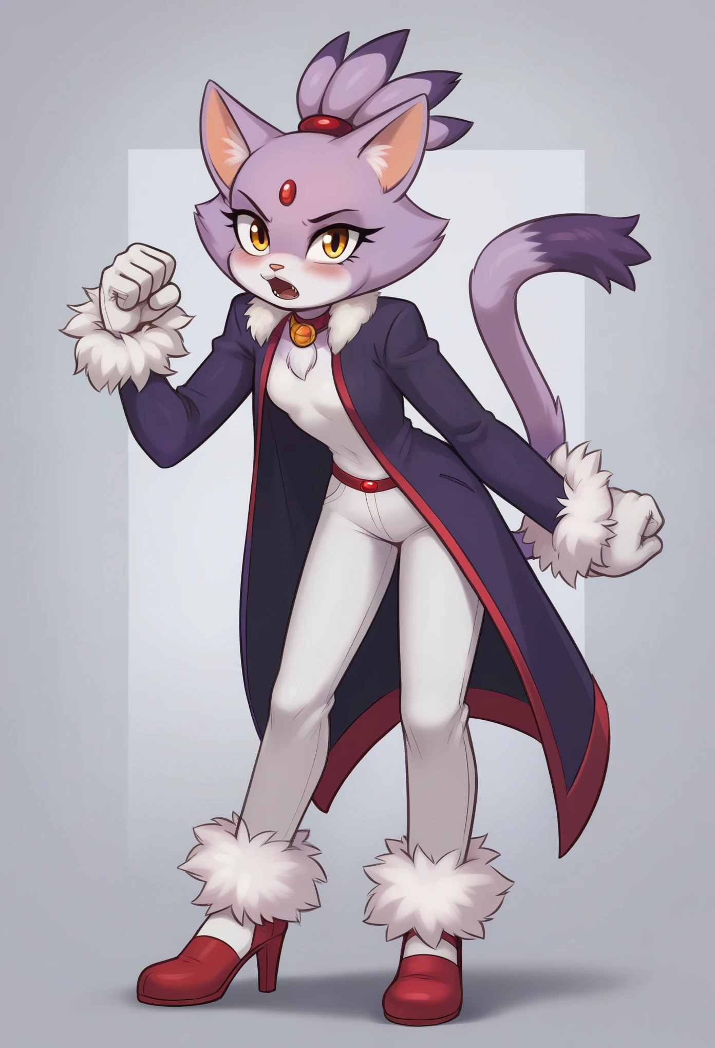 Blaze the cat, mouth open, 1girl, gloves, forehead_jewel, fur-trimmed_gloves, furry_female, solo, furry, animal_ears, simple_background, yellow_eyes, fur_trim, topknot, tail, high_heels, cat_girl, white_gloves, cat_ears, cat_tail, standing, full_body, flat_chest, purple_hair, fur-trimmed_footwear, black_background, multicolored_hair, arms_at_sides, white_pants, hair_tie, purple_coat, clenched_hands, looking_at_viewer, two-tone_hair, body_fur, pants, animal_nose, shoes, short_hair, coat, shiny, gem, red_footwear, long_sleeves, blush, leaning_foward, bent_over