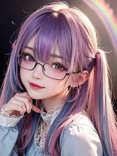 Small face、 (alone:1.5,)Very detailed,Bright colors, Very beautiful and detailed anime faces and eyes, Look straight, Shiny_skin,girl, (((Rainbow Hair, Colorful Hair, Half blue、half pink hair: 1.2))), 、Shiny hair, Delicate and beautiful face, blush、Glasses、(Turquoise Eyes), , Valletta, Earrings,、garden、sunset、(((Stylish lace mini skirt,Translucent shirt)))、(Twin tails)、smile、smile、Face dyed red、hilarious pose、dynamic、Head to toe full body portrait、(The whole body is visible)