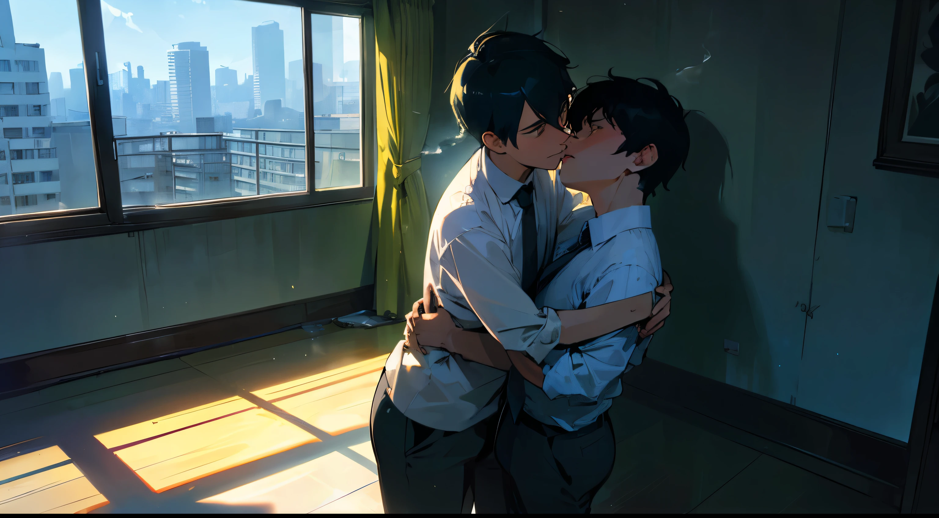 (best quality,ultra-detailed,realistic:1.37), with wide angle lens, The persons is standing by the window,, with horizontal screen, widen in front, The room was bare, with no furniture or luggage, and the balcony had a balcony with silhouettes of buildings in the Shinjuku subcenter in the distance, and the afternoon sun was shining in through the windows. Two young men are smoking cigarettes and one is hugging the other from behind , humor,comic style,bold lines, modern gay romance, comic style,bold lines,playful colors,vibrant colors, soft lighting, depth of emotions, tender gazes, longing for connection, raw and honest, LGBTQ+ representation, urban setting, authentic expressions, compelling storytelling, dramatic composition,