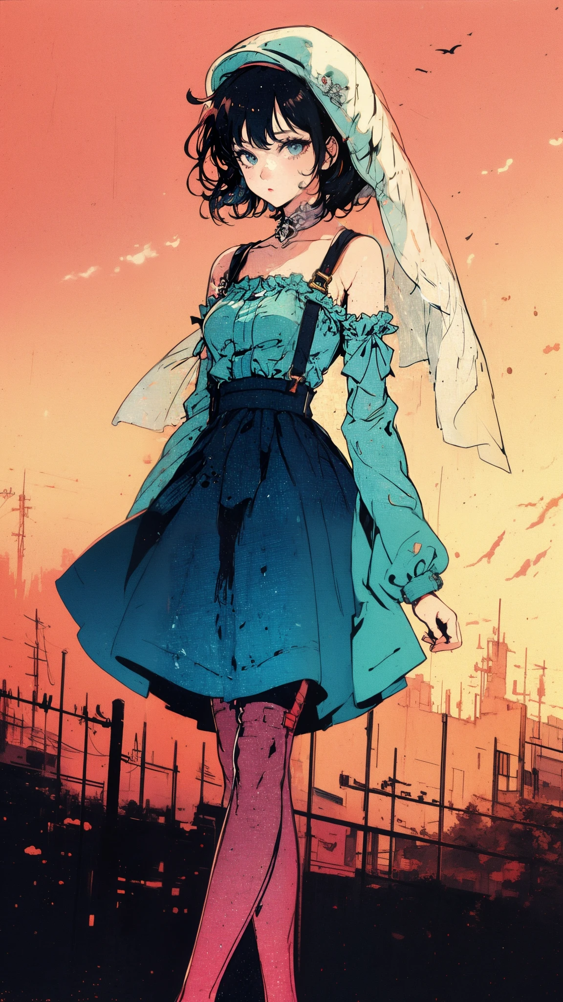 ((Best quality)),ultra detailed, Young woman, aristocratic hatsune miko stockings with suspenders, playful look, long sleeves, bare shoulders, hat with veil, heels with white line, vintage, went out for a walk and leaned over for a color, sniffs it, background sunset, fingers on the hand clenched into a fist