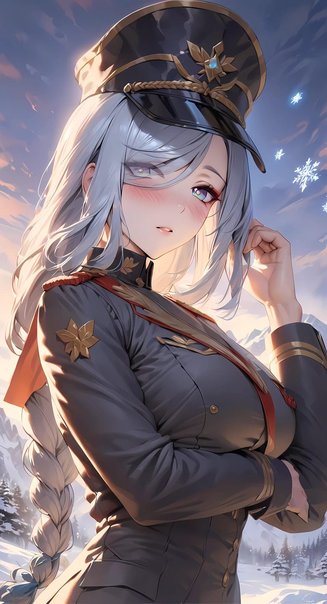 shenhe, upper body, seductive look, blush, outdoors, snowflake scenery, looking at viewer, cloudy, moody lighting, (perfect detail eyes:1.2), glowing eyes, (long hair one braid:1.2), elemental skill effect, (Masterpiece, Best Quality, High Quality:1.4), professional artwork, Intricate Details, field of view, sharp focus, detailed painting, photorealistic lighting, trending on pixiv, (vivid lighting, vibrant colors:1.05), realistic shadows, ambient occlusion, (athletic body:1.3), mature woman, 30yo, (wear military uniform:1.5),(military cap:1.2)

