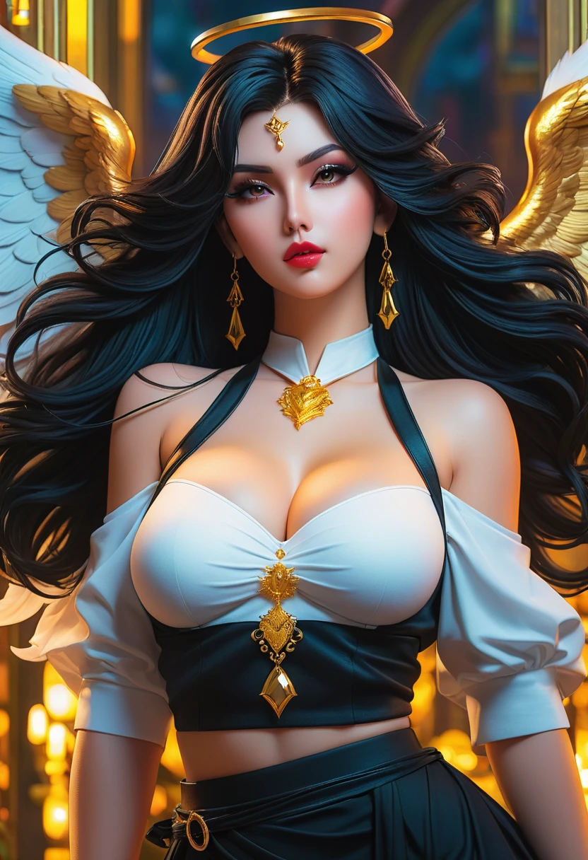 In a mesmerizingly portrayal, thick women busty, a glam-goth goddess angel her Age 28, clean skin,pretty hair, midriff club wear, trending on cgsociety, epic, trending on artstation, highly detailed, vibrant, production cinematic character render, ultra-high-quality model, golden ratio manhwa, manhua, background mysterious, does not produce same pose when remixed.