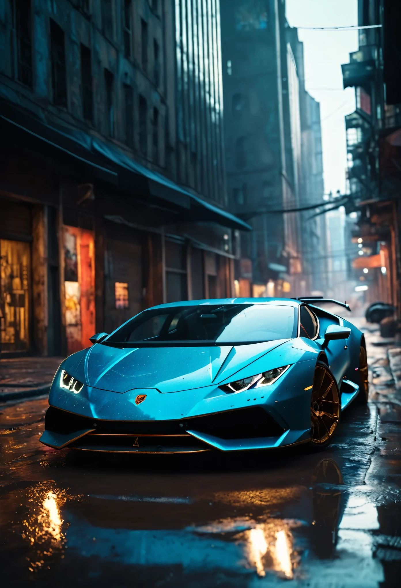 An intimate shot of a Dappled Light photo of cyberpunk car lamborgini huracan sto on the background of drak dirty style cyberpunk city in the syle by nicholas hiattcinematic, cinematic lighting, raytracing, 8 k, octane render, volumetric, vivid, beautiful, hyperrealism., dynamic lighting, optical art,