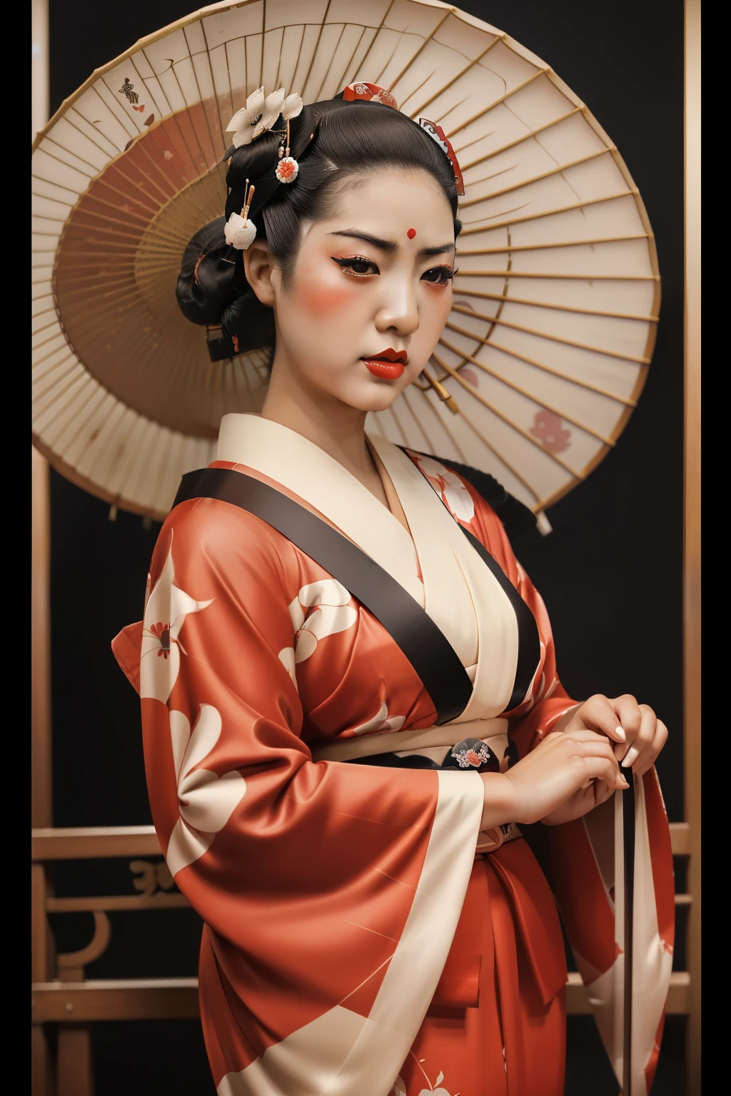 Japan, 1935. A young ((((31-year-old)) Hatsumono)), beautiful, cunning, voluptuous figure, full lips, sultry demeanor, (((furious expression, frowning))), ((((geisha clothings from the 1930s)))), ((geisha wavy hairstyle of the 1930s)), color