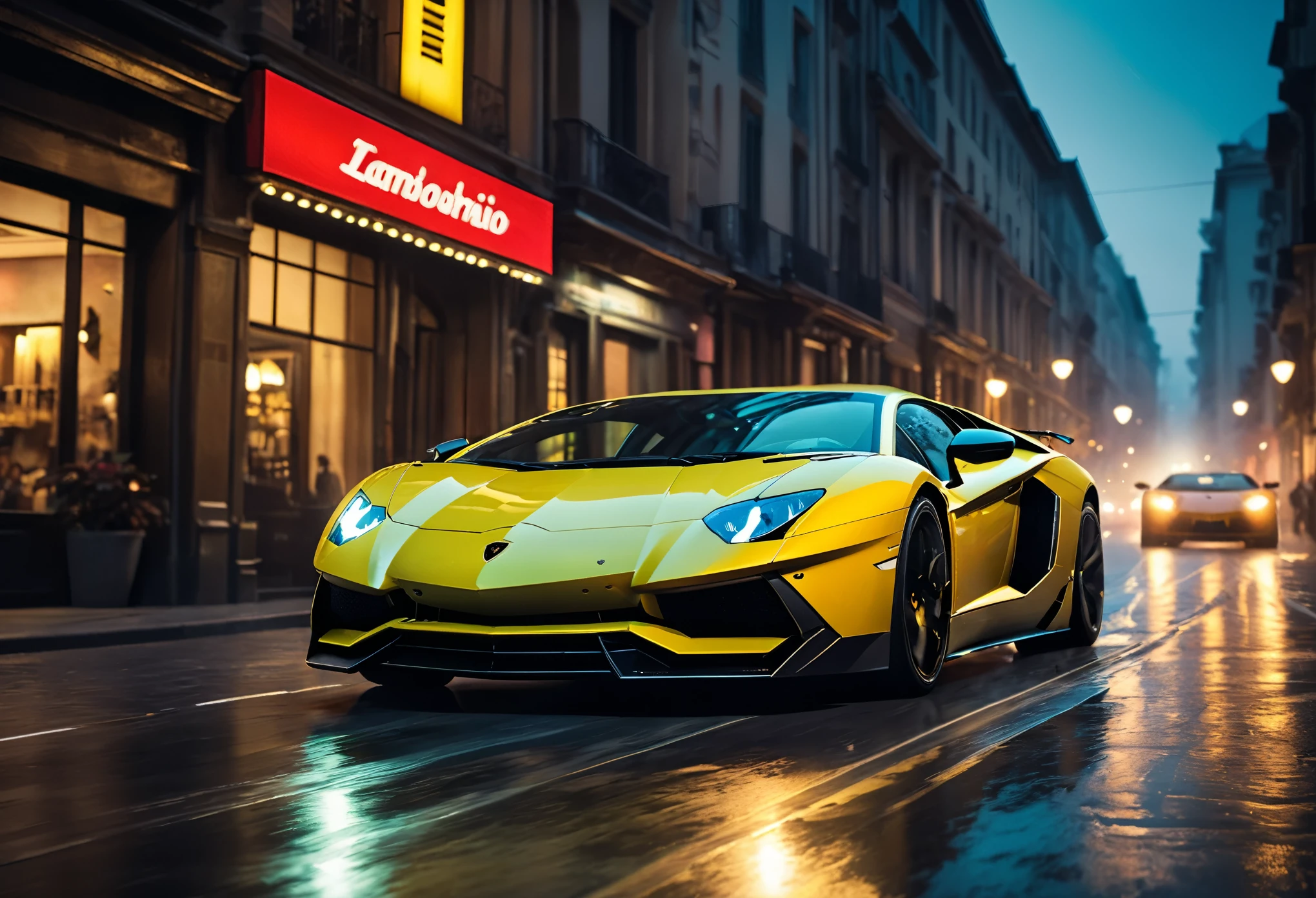 action-packed scene, a lamborghini aventador intense lighting, dynamic camera angles, cinematic experience, fast-paced motion, dramatic composition, vivid colors, high-res visuals, dramatic storytelling, wide cinematic shots, immersive atmosphere
