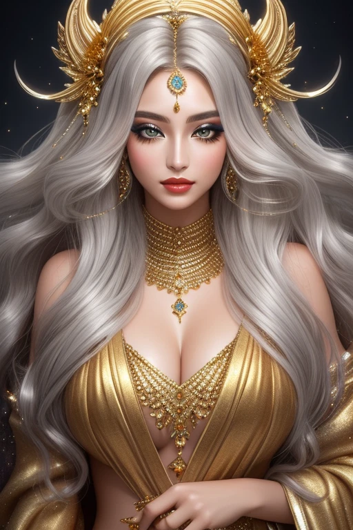 Full body portrait of a beautiful ethereal woman, her very long gold hair cascading down in soft waves, framing a face of extreme detail and elegance. Her eyes, big and colorful, boast three gradient silver shades of eyeshadow and eyeliner, accentuating her double eyelids and long lashes. Rosy cheeks adding a touch of warmth to her ethereal beauty, and her skins glossy texture shines in the cinematic light, highlighting each and every realistic pore and Wrinkle. Full lips adorned with golden glitter on her silver lipstick, complementing the gold and silver jewels she wears around her neck and wearing a scarf,she is the elemental goddess of Gold,Goddess makeup