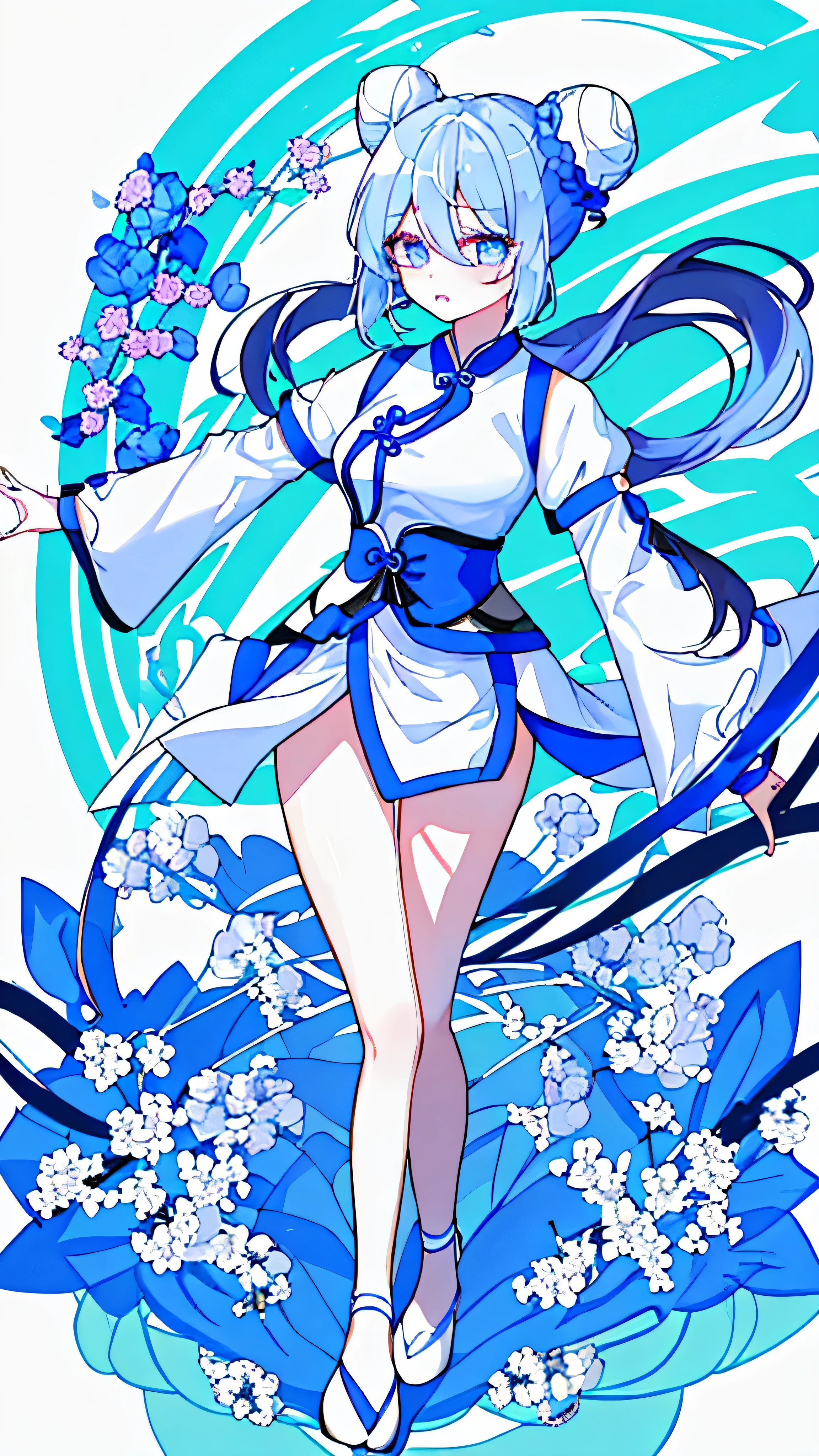 (tmasterpiece,best qualtiy),long white hair,blue color eyes,teens girl,Smile in front of the mirror and touch your face,Twinkling particles flew around。