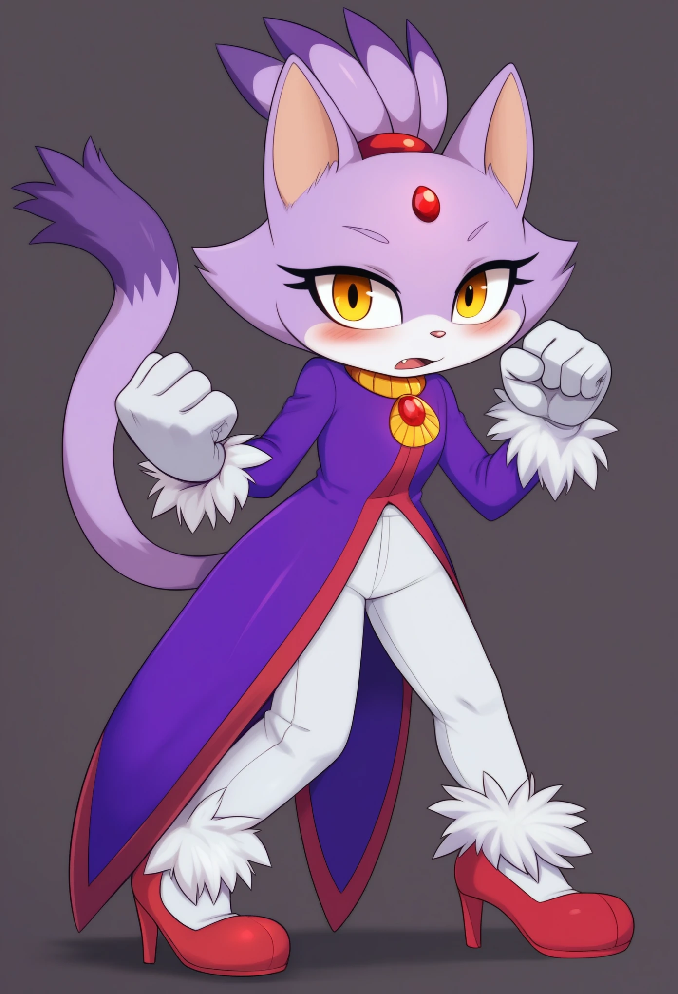 Blaze the cat, mouth open, 1girl, gloves, forehead_jewel, fur-trimmed_gloves, furry_female, solo, furry, animal_ears, simple_background, yellow_eyes, fur_trim, topknot, tail, high_heels, cat_girl, white_gloves, cat_ears, cat_tail, standing, full_body, flat_chest, purple_hair, fur-trimmed_footwear, black_background, multicolored_hair, arms_at_sides, white_pants, hair_tie, purple_coat, clenched_hands, looking_at_viewer, two-tone_hair, body_fur, pants, animal_nose, shoes, short_hair, coat, shiny, gem, red_footwear, long_sleeves, blush, leaning_foward, bent_over