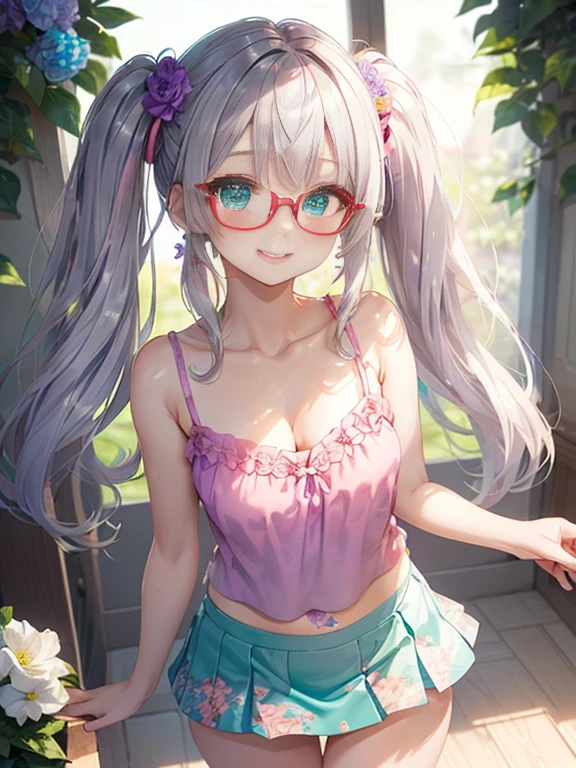 小さなgirl、The arrival of spring、Thick thighs、 (alone:1.5,)Very detailed,Bright colors, Very beautiful detailed anime faces and eyes, Look straight ahead, ;d, Shiny_skin,girl, ((Silver long hair,The inner color is red 、Forehead is exposed.、Green Eyes、Glasses、Shiny hair, Delicate beautiful face, blush、(Turquoise Eyes), White skin, Valletta, Earrings,、blue flower field、(((Floral pink、camisole、Purple Mini Skirt)))、Twin tails、smile、smile、Face dyed red