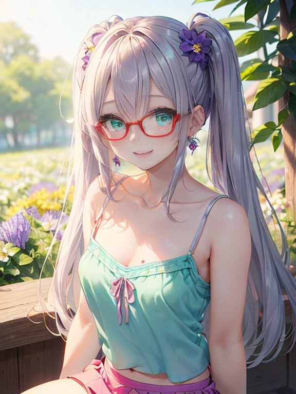 小さなgirl、The arrival of spring、Thick thighs、 (alone:1.5,)Very detailed,Bright colors, Very beautiful detailed anime faces and eyes, Look straight ahead, ;d, Shiny_skin,girl, ((Silver long hair,The inner color is red 、Forehead is exposed.、Green Eyes、Glasses、Shiny hair, Delicate beautiful face, blush、(Turquoise Eyes), White skin, Valletta, Earrings,、blue flower field、(((Floral pink、camisole、Purple Mini Skirt)))、Twin tails、smile、smile、Face dyed red